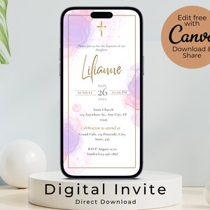 Baptême électronique inviter fille, aquarelle rose et violet, modèle d'invitation numérique à partager avec vos amis et votre famille en quelques minutes !