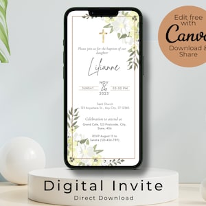 Invitation électronique élégante au baptême, modèle d'invitation au baptême de fleur verte à partager avec vos amis et votre famille en quelques minutes !