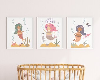 Mermaid Posters, Nursery Mermaid Poster, Pink Nursery Wall Art, Purple Nursery Print. Girl wall art