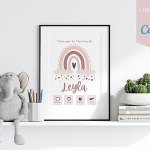 Cartel de nacimiento A3, cartel de nacimiento boho, estadísticas de nacimiento, cartel de nacimiento de niña, impresión de nombre de nacimiento, cartel de anuncio de bebé como recuerdo o regalo