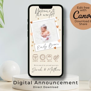 Personalized Digital Baby Announcement Ecard Template  with Birth Stats- Easily edited,downloaded and shared within Minutes!