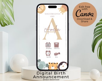 Tarjeta electrónica de anuncio de nacimiento, plantilla de anuncio de nacimiento, estadísticas de nacimiento digitales, tarjeta de nacimiento de animales, para compartir digitalmente a través de Whatsapp o iMessage