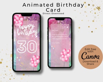 Ecard Birthday Animation, Pink Glitter Birthday, 30th Birthday, Video Card, Animated Birthday Card, Digital Birthday Card, Ecard