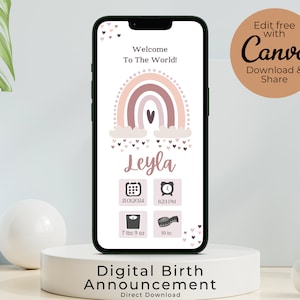 Tarjeta electrónica de anuncio de nacimiento, plantilla de anuncio de nacimiento, estadísticas de nacimiento digitales, tarjeta de nacimiento boho, para compartir digitalmente a través de Whatsapp o iMessage