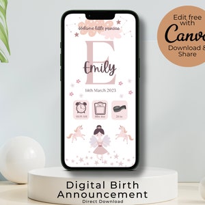Carte électronique d'annonce de naissance, modèle de carte électronique, statistiques de naissance numériques, carte de naissance rose, à partager numériquement via Whatsapp ou iMessage