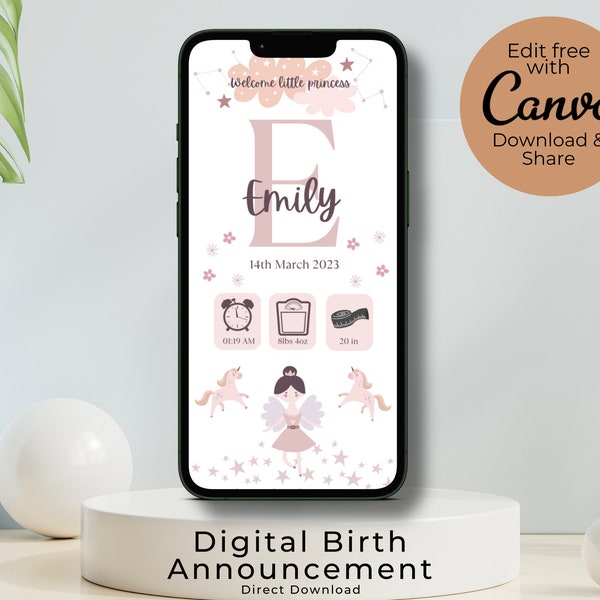 Birth Announcement eCard, Ecard Template, Digital Birth Stats,Pink Birth Card, to share digitally via Whatsapp or iMessage