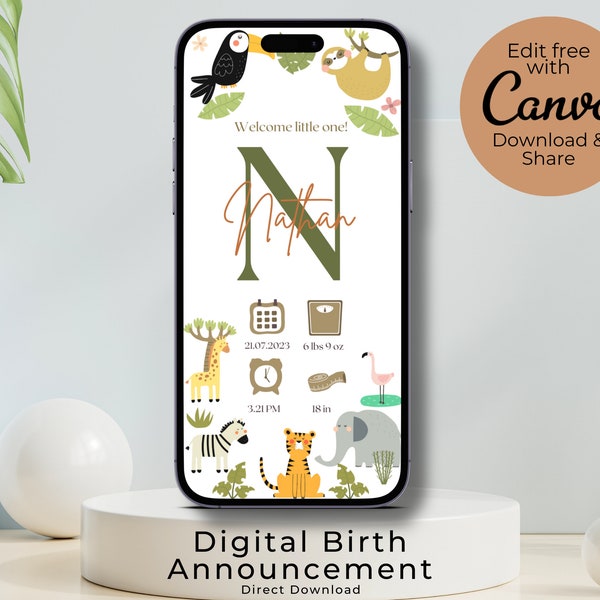 Animal Birth Stats Ecard - Modèle d'annonce de naissance numérique avec thème animal à partager numériquement via Whatsapp ou iMessage