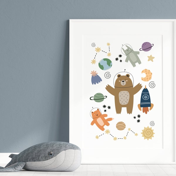 Space Safari print, dierenprint, 1 afdrukbare dierenposters, jongen kinderkamer decor, jongens afdrukbare kunst