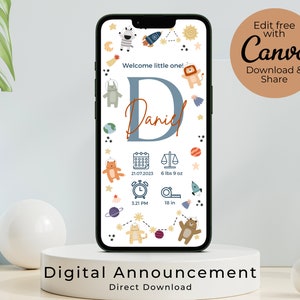 Tarjeta electrónica con estadísticas de nacimiento para niño - Anuncio de nacimiento para niño digital, plantilla Canva con tema de animales espaciales para compartir digitalmente a través de Whatsapp o iMessage
