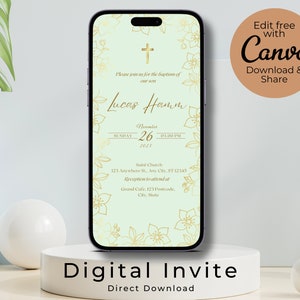 Invitation de baptême électronique menthe et or, invitation de baptême de garçon, modèle numérique à partager avec vos amis et votre famille en quelques minutes !