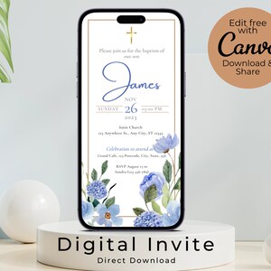 Electronic Baptism Invite Boy,  Blue Flower Baptism Invitation, Digital template to share with friends and family in minutes!