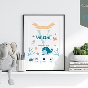 Cartaz de estatísticas de nascimento, pronto para imprimir, anúncio de bebê, anúncio de nascimento, cartão de nascimento no oceano, impressão de nascimento, arte de nascimento, estatísticas de nascimento