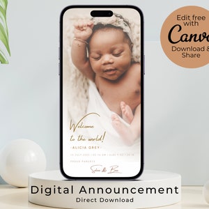 May include: A digital announcement for a new baby girl named Alicia Grey. The announcement features a photo of the baby sleeping in a white blanket with a gold headband. The text "Welcome to the world!" is written in gold script. The announcement is editable with Canva and can be downloaded and shared.