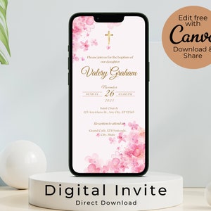 Invitation de baptême électronique de fleur rose, modèle d'invitation de baptême de fille à partager numériquement avec vos amis et votre famille en quelques minutes !
