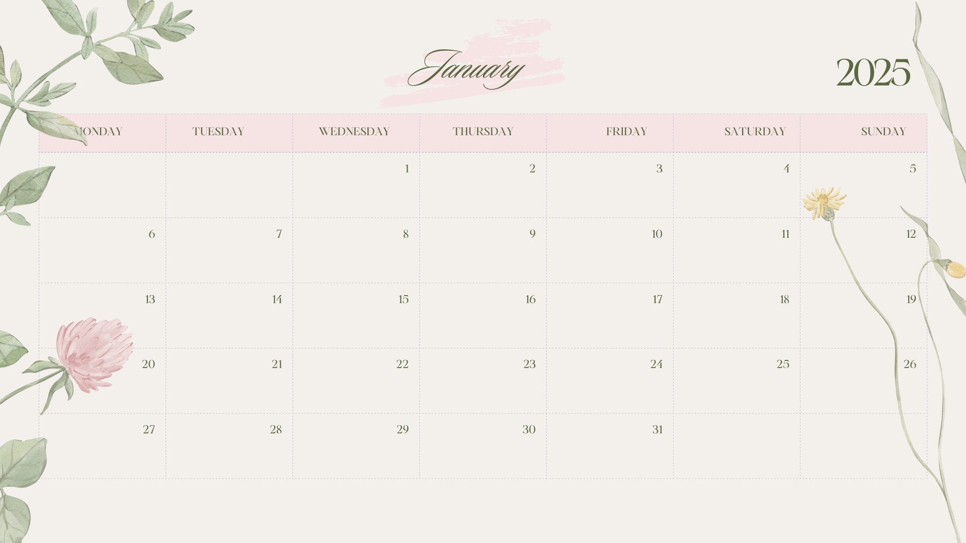 2025 Printable Digital Calendar Flower Minimalistic Monday Start ...