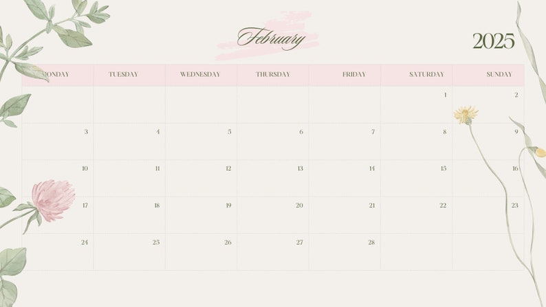 2025 Printable Digital Calendar Flower Minimalistic Monday Start ...