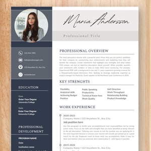 Peut inclure: Un modèle de CV professionnel avec une photo, des coordonnées et des sections pour l'éducation, le développement professionnel, les points forts et l'expérience professionnelle. Le CV comprend le nom "Maria Andersson".