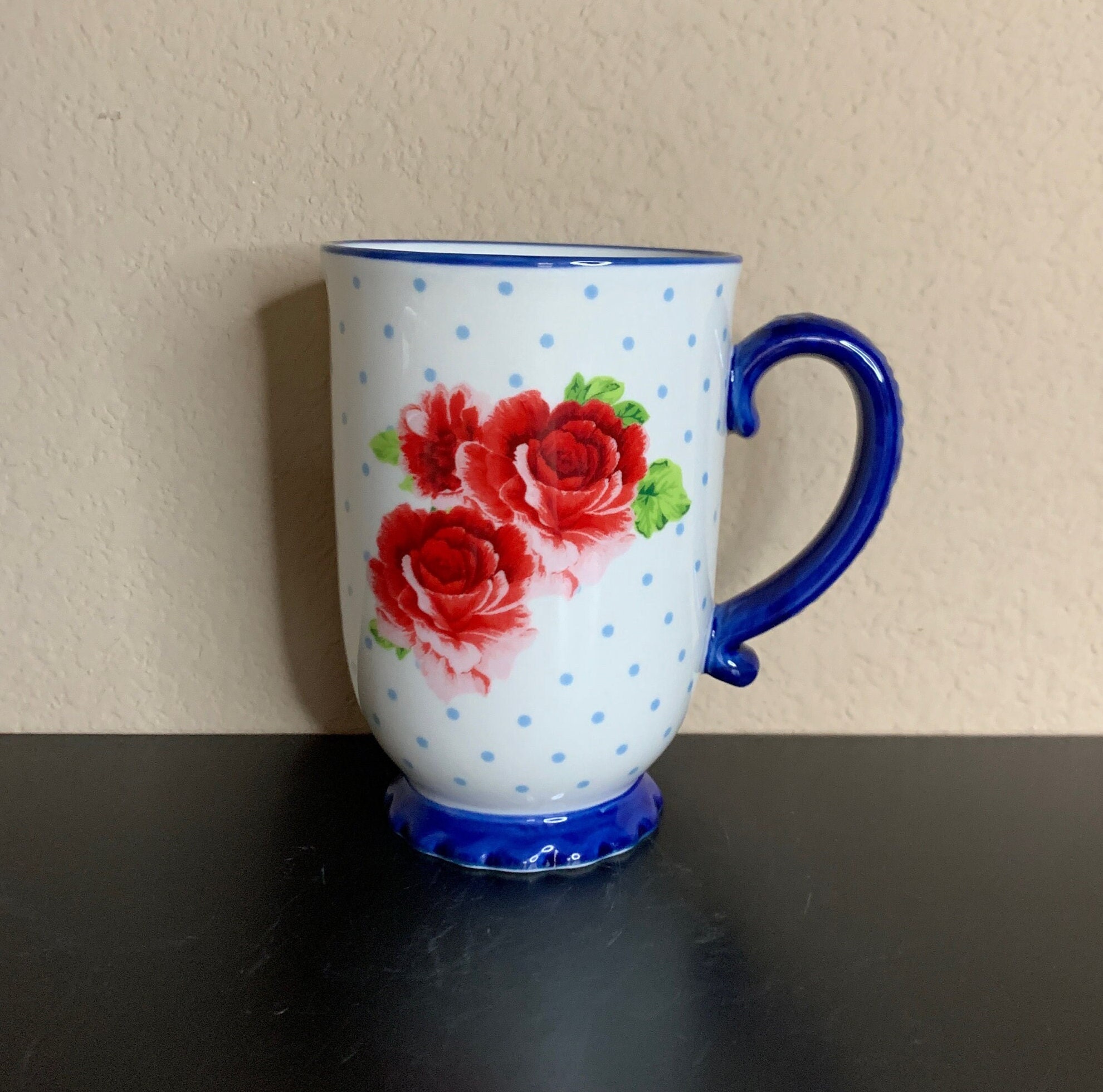 PIONEER WOMAN Heritage Blue Dots Floral Ceramic Coffee Mug Tea