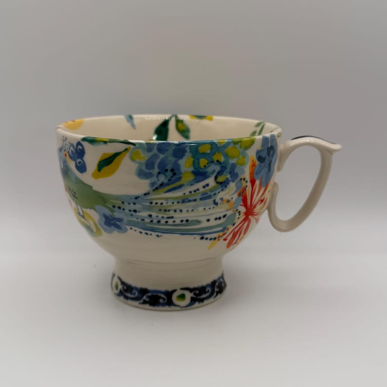 ANTHROPOLOGIE Dodi Peacock Boho Floral Pedestal Mug 14 oz. - Preowned image 1