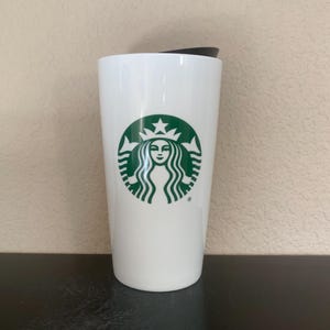 STARBUCKS TRAVEL MUG White with Green Mermaid Logo 12 oz. with Black Plastic Lid - Preowned