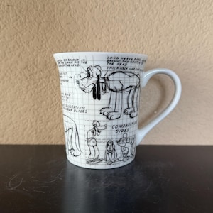 Op de afbeelding: Witte keramische mok met een zwart-witte schets van het Disney-personage Pluto. De mok heeft een handvat en is versierd met Pluto's ontwerp en vergelijkende maten. De mok heeft de tekst "Lange zware oren" en "Vergelijkende maten".