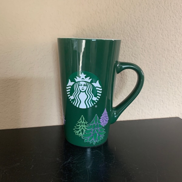 STARBUCKS Festive Holiday Green with Purple/Green Trees Coffee Mug / Tea Cup 16 oz - Preowned