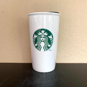STARBUCKS TRAVEL MUG White with Green Mermaid Logo 12 oz. with Green Plastic Lid - Preowned