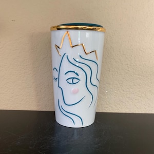 STARBUCKS TRAVEL MUG White with Mermaid with Gold Accents 10 oz. with Light Blue Plastic Lid - Preowned