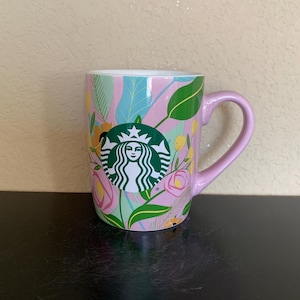 STARBUCKS Pink Floral with Green Siren Logo Coffee Mug / Tea Cup 10 oz. - Preowned