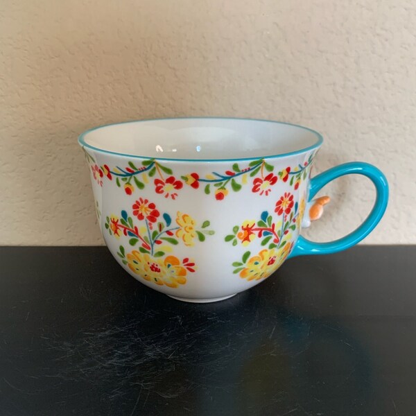 ANTHROPOLOGIE CADIZ Floral Porcelain Coffee Mug /Tea Cup with Green Handle and Intricate Orange Flower Detail 12 oz. - Preowned