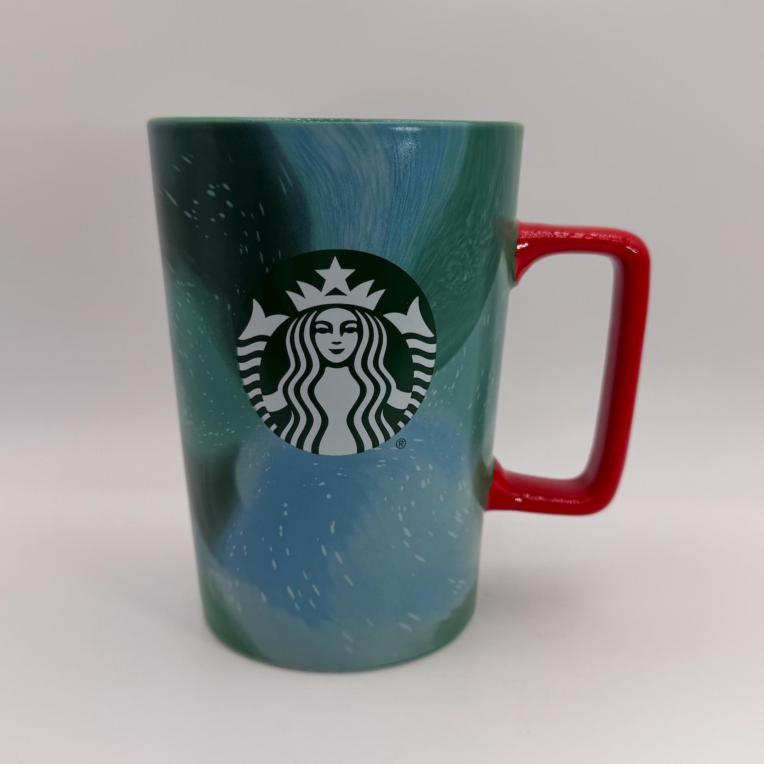 STARBUCKS Tall Festive Holiday Green Brushstrokes With Red Squared