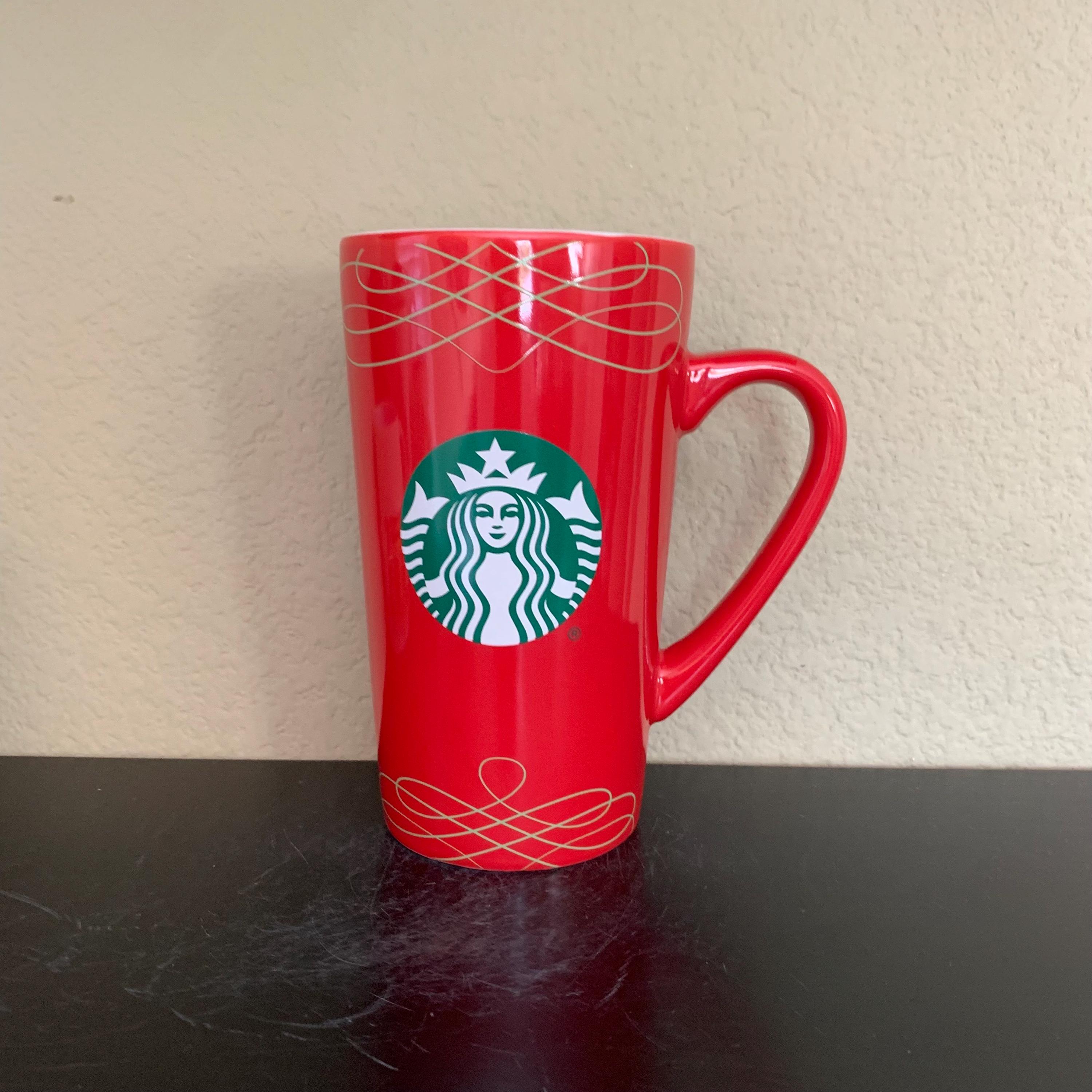 STARBUCKS Festive Holiday TALL Red Lace Design Coffee Mug / Tea