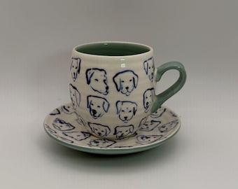 ANTHROPOLOGIE Leah Reena Goren Dog Stoneware Espresso Cup & Saucer Set 4 oz. - Preowned