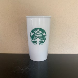 STARBUCKS TRAVEL MUG White with Green Mermaid Logo 10 oz. with Black Plastic Lid - Preowned