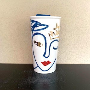 STARBUCKS TRAVEL MUG Embossed Blue Gold Red Sparkle Mermaid Coffee / Tea Mug with Blue Lid 10 oz.  - Preowned