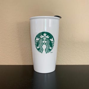 STARBUCKS TRAVEL MUG White with Green Mermaid Logo 12 oz. with Green Plastic Lid - Preowned