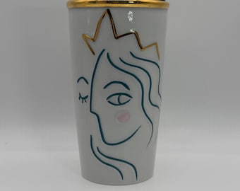 STARBUCKS TRAVEL Mermaid with Blue and Gold Accents and Light Blue Plastic  Lid 10 oz. - Preowned