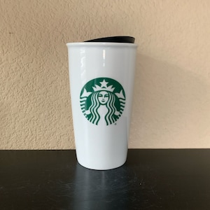 STARBUCKS TRAVEL MUG White with Green Mermaid Logo 12 oz. with Black Plastic Lid - Preowned