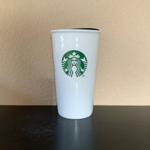 STARBUCKS TRAVEL MUG Mermaid Face Ceramic Coffee / Tea Mug with White Ceramic Lid 10 oz.  - Preowned