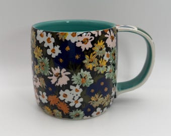 ANTHROPOLOGIE Loren Floral and Patterned Color Turquoise Motif Mug 12 oz. - Preowned