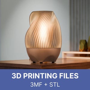 May include: A modern, 3D-printed lamp with a swirling, textured shade. The lamp has a warm, glowing light emanating from within. The base is a muted brown color. The image also includes the text "3D PRINTING FILES" and "3MF + STL".