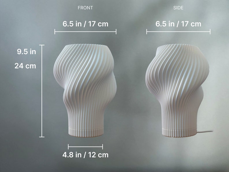Front and side dimensions for a3d printed lamp.