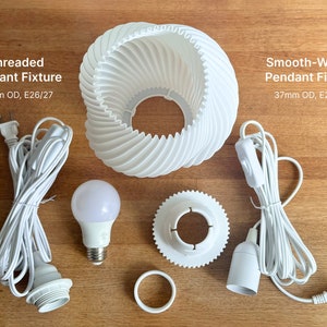 All the parts of the 3d printed lamp, including two variants for pendant light fixtures for e26 or e27 light bulbs. Threaded pendant fixture with a 40mm outer diameter or smooth-walled pendant fixture with a 37mm outer diameter.