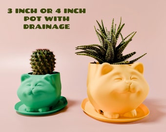 Happy Cat Planter with Drip Tray | Cute Funny Kitty Planter, Unique Animal Planter, Small Succulent Plant Pot