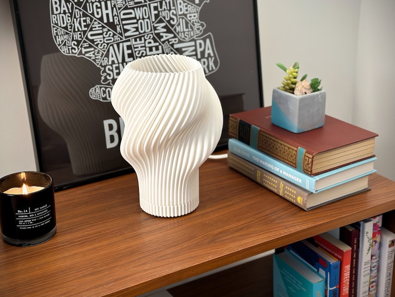 The Flourish Lamp, A 3d printed lamp with a soft pleated shade sitting on a table. Three books, a small planter and a poster rest on the table.
