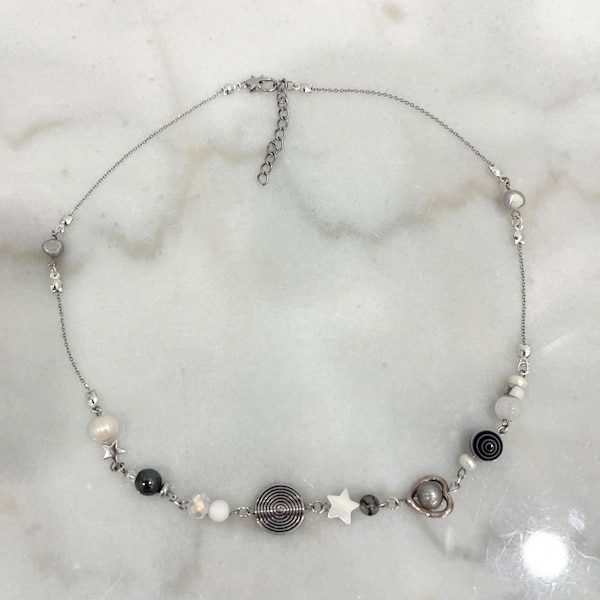 handcrafted unique elegant y2k grunge acubi silver delicate coquette style chain pearl korean 2000s alt cyber fairycore boho necklace