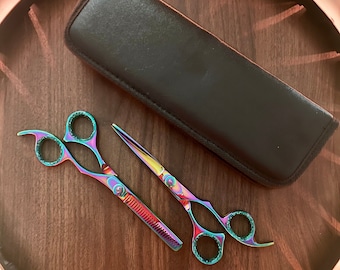 MULTICOLOR Handmade Barber Scissors Set - Professional Hair cutting & Thinning scissors - Salon Shears Kit + Leather Pouch