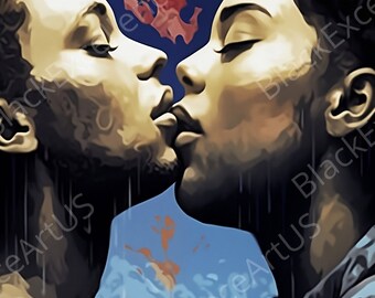 Lipsing - Unframed Art Poster Print Art African Art Wall Art Black Love Black Couples Luxury Art Decor Home Art Office Painting Art Kissing