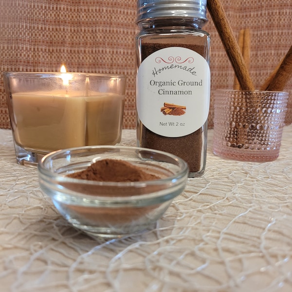 Organic Cinnamon Powder 4oz glass jar with sifter and metal cap Cinnamon powder contents Net Wt. 2oz Bakers Ingredients Korintje Cinnamon