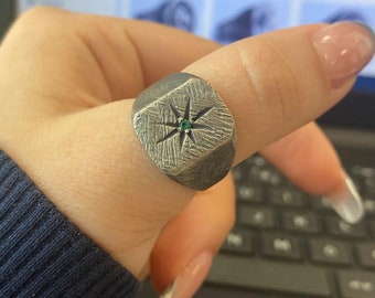 Sterling Silver North Star Ring: Engraved Stone Signet Ring